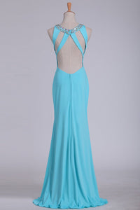 2024 Sexy Open Back Scoop With Beads And Slit Prom Dresses Spandex Sheath