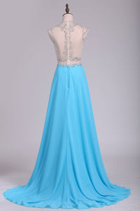 2024 Scoop Prom Dresses Chiffon With Slit And Beads A Line