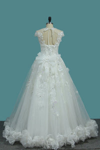 2023 Top Quality Lace Ball Gown Cap Sleeve Wedding Dresses With Applique & Beading Floor Length