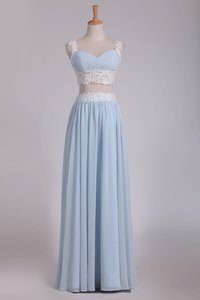 2024 Two-Piece Spaghetti Straps A Line With Applique And Ruffles Chiffon Prom Dresses