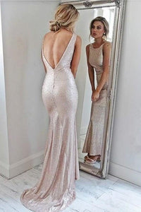 Sparkly Open Back Pink Sheath Long Prom Dresses Evening Dresses