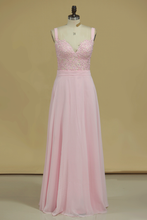 Load image into Gallery viewer, 2024 Straps Chiffon With Applique A Line Prom Dresses Sweep Train