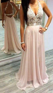 Sexy Pink Prom Dresses Halter V-Neck Lace Sleeveless Open Back Chiffon Evening Gowns RS648