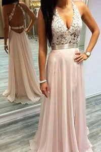 Sexy Pink Prom Dresses Halter V-Neck Lace Sleeveless Open Back Chiffon Evening Gowns RS648