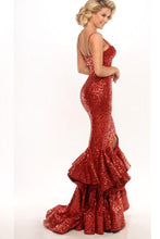 Load image into Gallery viewer, Spaghetti Straps Red Sequin Long Mermaid Front Slit Sparkle Long Prom Dresses RS520