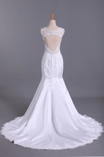 Load image into Gallery viewer, 2024 Hot Wedding Dresses Mermaid V-Neck Court Train Satin With Applique Open Back