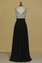 Load image into Gallery viewer, 2024 V Neck Prom Dresses A Line Beaded Bodice Chiffon Sweep Train