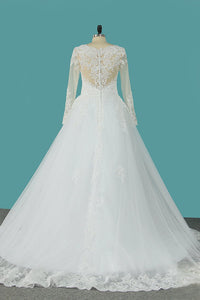 2024 Wedding Dresses Scoop Long Sleeves A Line Tulle With Applique