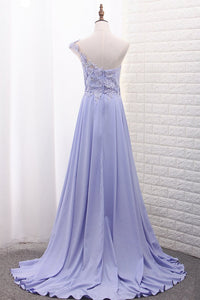 2024 Satin Prom Dresses A Line One Shoulder With Handmade Flowers And Slit