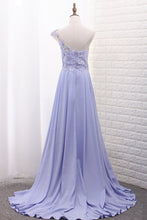 Load image into Gallery viewer, 2024 One Shoulder A Line Satin Prom Dresses With Handmade Flowers And Slit