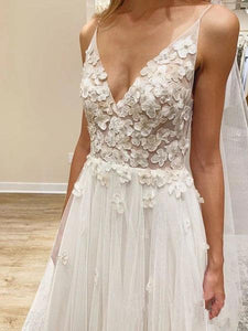 Elegant A line Spaghetti Straps V Neck Tulle Wedding Dresses, Wedding SRS20411