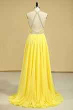 Load image into Gallery viewer, 2024 A Line Prom Dresses Halter Beaded Bodice Open Back Sweep Train Chiffon &amp; Tulle Daffodil