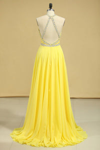 2024 A Line Prom Dresses Halter Beaded Bodice Open Back Sweep Train Chiffon & Tulle Daffodil