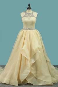 2023 Organza A Line Scoop Wedding Dresses With Beading Court Train