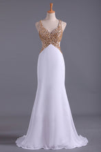 Load image into Gallery viewer, 2024 Straps Prom Dresses Open Back Sheath/Column With Golden Beading Chiffon