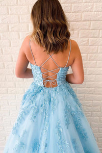 Unique A-Line Sky Blue Tulle Appliques Beads Scoop Prom Dresses with Lace SRS15681