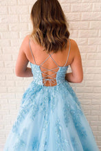 Load image into Gallery viewer, Unique A-Line Sky Blue Tulle Appliques Beads Scoop Prom Dresses with Lace SRS20453
