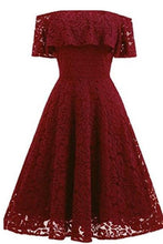 Load image into Gallery viewer, A-line Short Sleeve Burgundy Off-the-Shoulder Lace Knee-Length Grace Homecoming Dresses RS228
