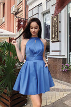 Load image into Gallery viewer, Simple A Line Halter Open Back Satin Blue Short Homecoming Dresses with Pockets RS945