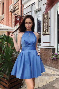 Simple A Line Halter Open Back Satin Blue Short Homecoming Dresses with Pockets RS945