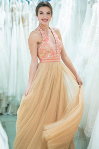 Stunning A Line Gold Halter Long Tulle Prom Dresses With Beads