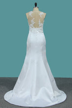 Load image into Gallery viewer, 2024 Satin Mermaid Scoop Court Train Detachable Wedding Dresses With Applique