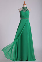 Load image into Gallery viewer, 2024 High Neck Prom Dresses Beaded And Ruched Chiffon Sweep Train