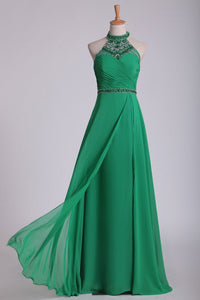 2024 High Neck Prom Dresses Beaded And Ruched Chiffon Sweep Train