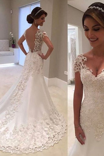2023 New Arrival Mermaid/Trumpet V-Neck Tulle Wedding Dresses With Applique Short Sleeves