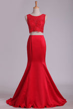 Load image into Gallery viewer, 2024 Bateau Prom Dresses Mermaid Two Pieces Satin &amp; Lace With Beading