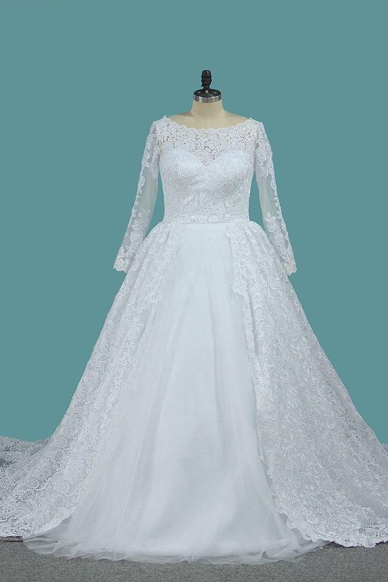 2024 Long Sleeves Ball Gown Wedding Dresses Bateau Tulle & Satin With Applique