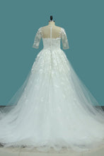 Load image into Gallery viewer, 2024 Scoop Sheath Tulle Detachable Train Wedding Dresses With Applique