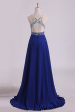 Load image into Gallery viewer, 2024 Prom Dresses V Neck Beaded Bodice A Line Open Back Dark Royal Blue Chiffon &amp; Tulle
