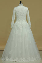 Load image into Gallery viewer, 2024 Muslim Wedding Dresses A-Line High-Neck Tulle With Applique &amp; Beading Floor-Length