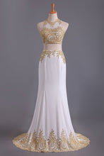Load image into Gallery viewer, 2024 Two-Piece Scoop Mermaid Prom Dresses Chiffon With Gold Applique