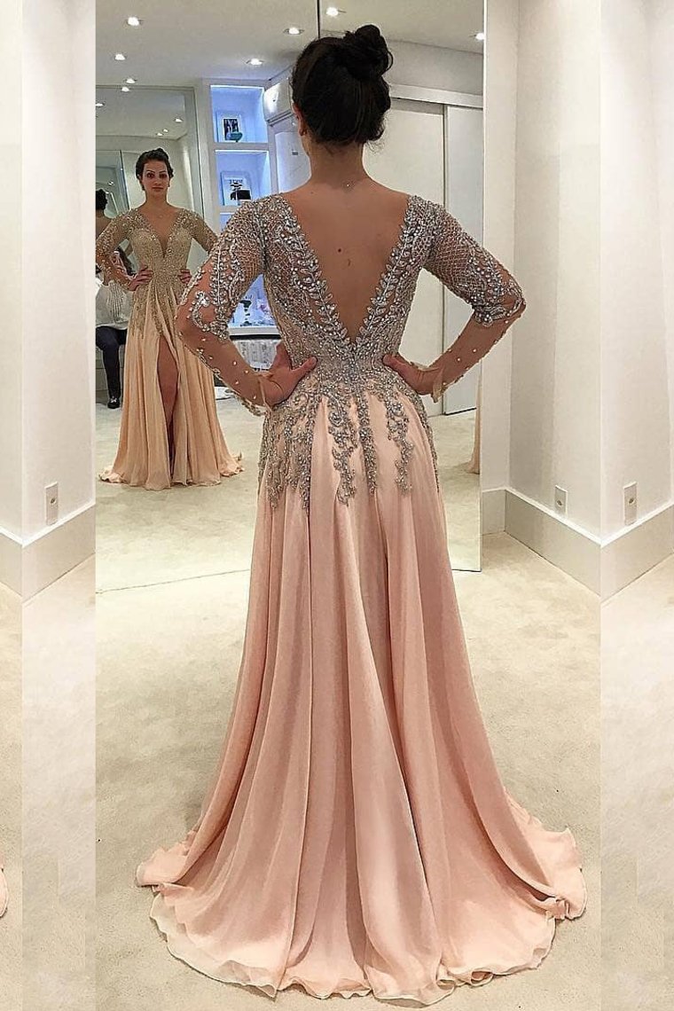 2024 V Neck Long Sleeves Prom Dresses A Line Chiffon With Beads And Slit