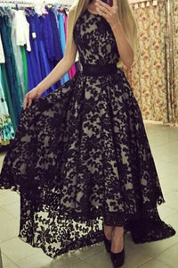 2024 New Arrival Prom Dresses A Line Scoop Lace With Sash Asymmetrical