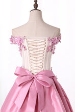 Load image into Gallery viewer, 2024 New Arrival Prom Dresses Off The Shoulder Satin With Appliques And Handmade Flowers