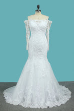 Load image into Gallery viewer, 2024 Long Sleeves Mermaid Tulle Off The Shoulder Wedding Dresses With Applique And Beads