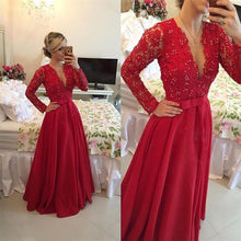 Load image into Gallery viewer, Open Back Lace Long Sleeve Deep V-Neck A-Line Button Long Cheap Prom Dresses RS954