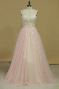 2024 Prom Dresses Sweetheart Beaded Bodice A Line Tulle Sweep Train