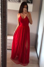 Load image into Gallery viewer, Spaghetti Straps Long Red Front Split Open Back Simple Cheap Prom Dresses