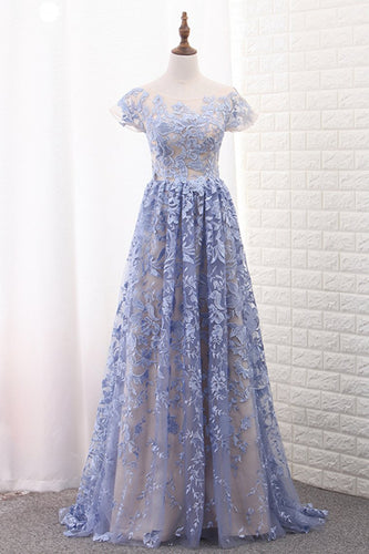 2024 Off The Shoulder Short Sleeves A Line Lace Prom Dresses Sweep Train