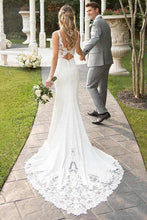 Load image into Gallery viewer, Spaghetti Straps Lace Open Back Mermaid Off White Wedding Dresses Bridal Dresses SRS15416