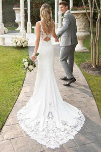 Spaghetti Straps Lace Open Back Mermaid Off White Wedding Dresses Bridal Dresses SRS15416