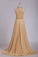 2023 A Line High Neck Prom Dresses Chiffon & Lace With Beads Sweep Train
