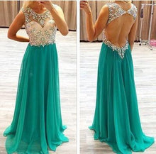 Load image into Gallery viewer, Sexy Backless Chiffon Long Scoop Beads Cap Sleeve A-Line Prom Dresses RS966