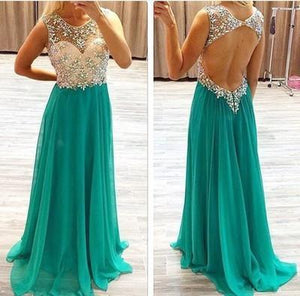 Sexy Backless Chiffon Long Scoop Beads Cap Sleeve A-Line Prom Dresses RS966