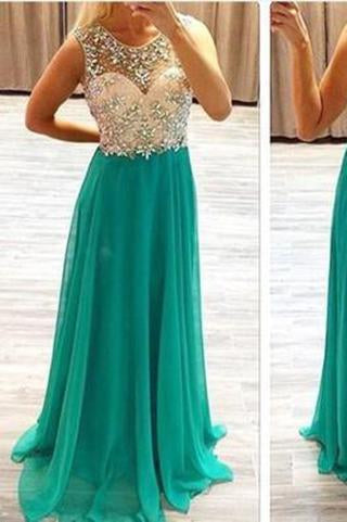 Sexy Backless Chiffon Long Scoop Beads Cap Sleeve A-Line Prom Dresses RS966