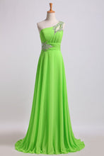 Load image into Gallery viewer, Cheap Prom Dresses Green One Shoulder Floor Length Sweep/Brush Train